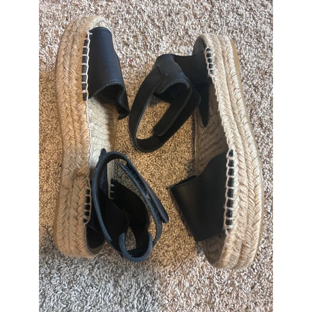 Vince Black Leather Ankle Strap Platform Espadrille Sandals Made in Spain 7M‎